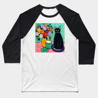 Black Cat with Still Life Flowers in a Yellow Vase Still Life Painting Baseball T-Shirt